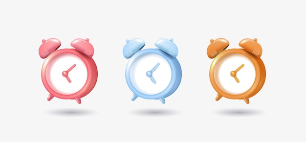 A set of 3d alarm clock icons Closeup design template in vector Red orange blue color of the watch Layout for branding and advertisingschools isolated on a transparent background