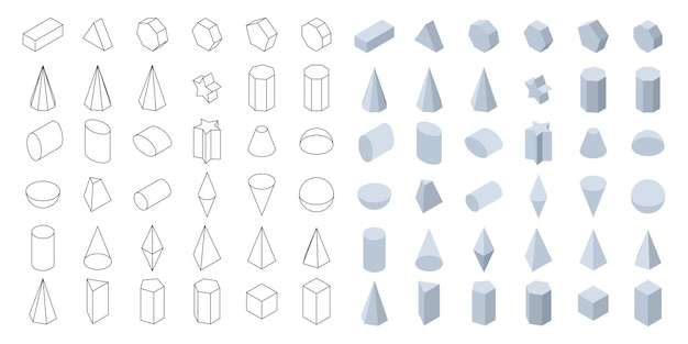 Vector set of 3d basic geometric shapes isometric shapes for school and math