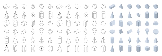 Vector set of 3d basic geometric shapes isometric view objects for school geometry and mathematics