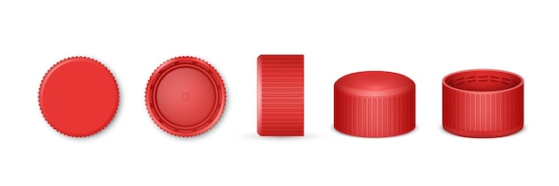 Set of 3d bottle cap or realistic lid for water Red beverage cover from top and bottom side view