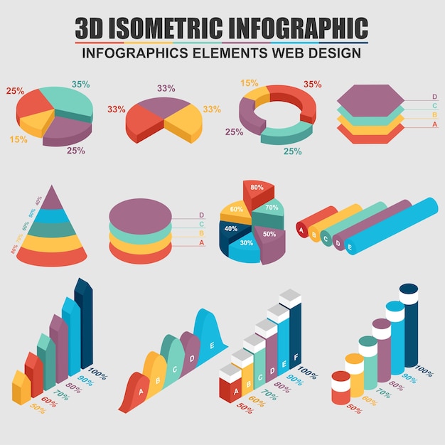 Set of 3D business isometric Infographics. Can be used for workflow process, business pyra