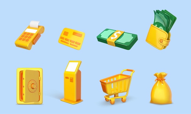 Set of 3d cartoon icons of money theme isolated on blue background