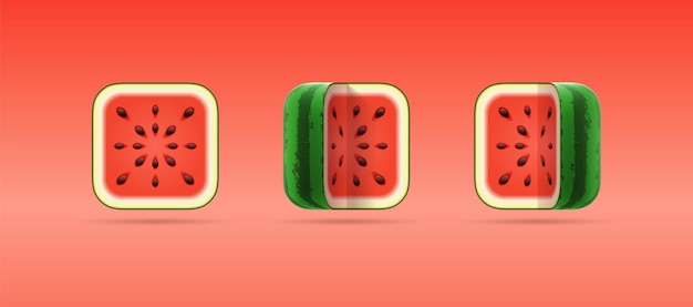 Set of 3D cartoon isolated icons of square cut watermelon on red background