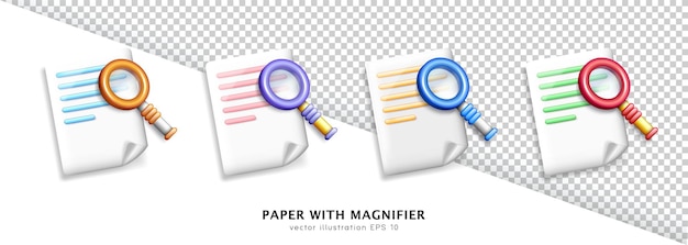 Set of 3d colorful glossy magnifying glasses and white paper sheets with curled corner and text.