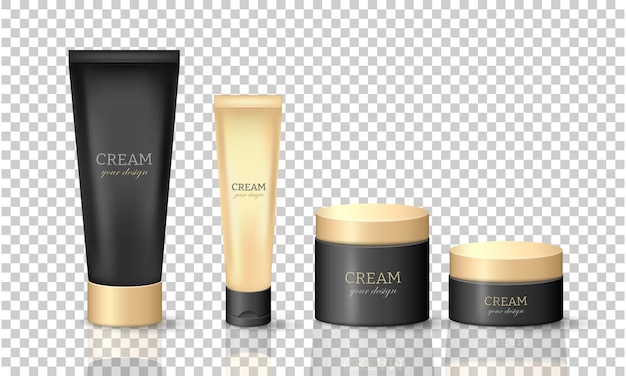 Set of 3d dark and golden glossy cream tubes and jars Luxury cosmetic products template