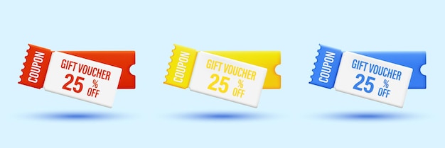 Set of 3d discount voucher 25 OFF coupon Gift Voucher is red blue yellow and purple Vector realistic coupon design for big sale special offer and discount voucher Vector illustration