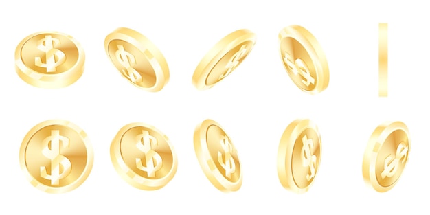 Set of 3D gold dollar coins in motion Vector graphics