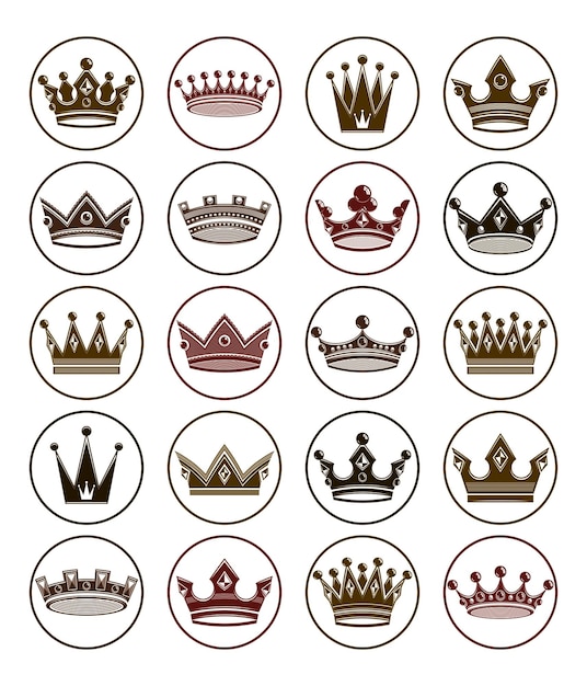 Set of 3d golden royal crowns isolated. Majestic classic vector symbols, coronet collection. Web and graphic elements.