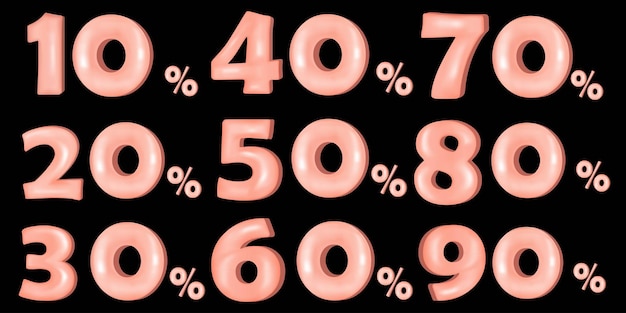 Set of 3d numbers with percentages. from 10 percent to 90. Plastic and air letters.