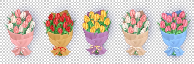 Set of 3d realistic bouquets of colorful tulips wrapped in craft paper and tied with silk bow