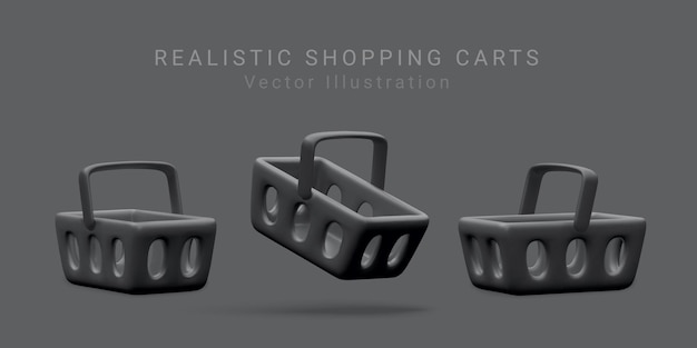 Vector set of 3d realistic plastic black shopping cart isolated on dark background special black shopping basket for black friday vector illustration