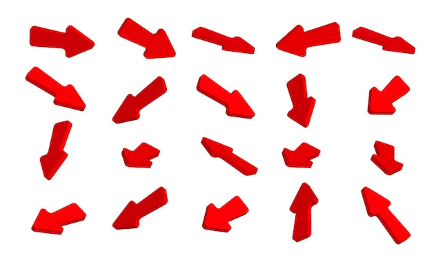 Set of 3d red arrow vectors with different shapes and directions. Arrow. Cursor. Modern simple arrow