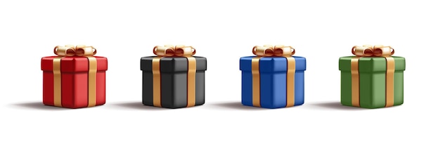 Vector set of 3d render gift box illustration with golden shiny ribbon bow and wrapped in coloured glossy paper isolated