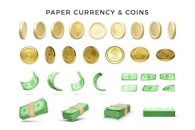 Vector set of 3d render gold coins and green paper currency wad of green dollars for business banners