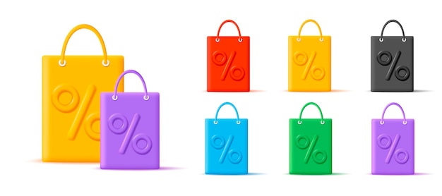 Set of 3d shopping bags with convex big percent sign colorful plastic mono chrome objects