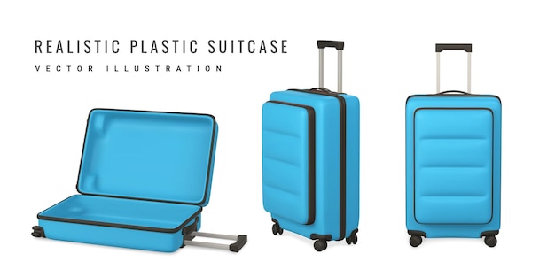 Set of 3D travel trolley bags Realistic plastic suitcase Tourism symbol isolated on white background Vector illustration