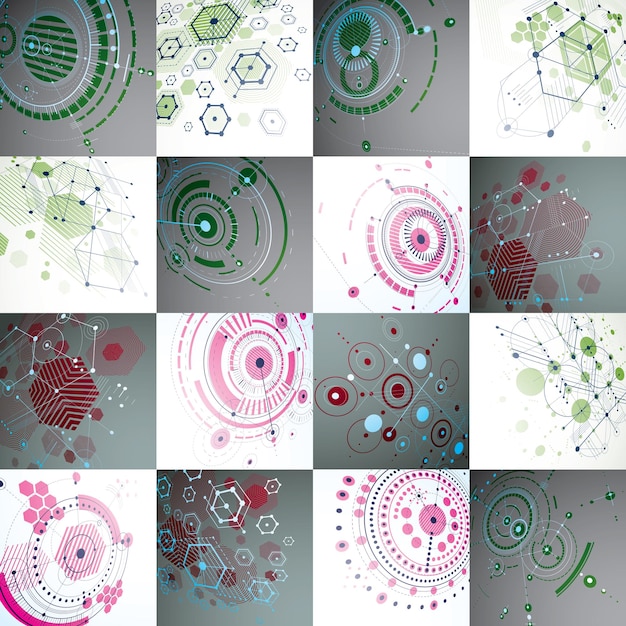 Set of 3d vector abstract backgrounds created in Bauhaus retro style. Geometric composition can be used as templates and layouts. Engineering technology wallpapers made with circles and honeycombs.