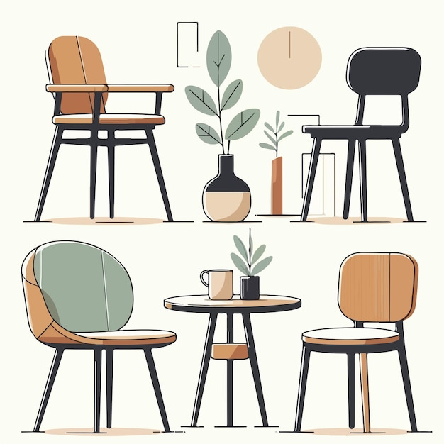 Vector set of 4 chairs in a simple and minimalist flat design style with a plain white background