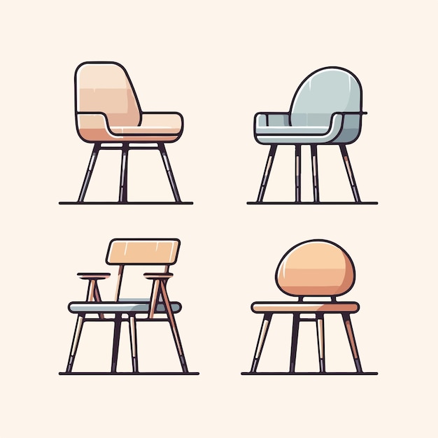 set of 4 chairs in a simple and minimalist flat design style with a plain white background