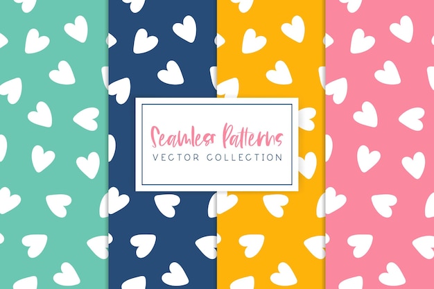 Set of 4 colorful seamless patterns with white hearts