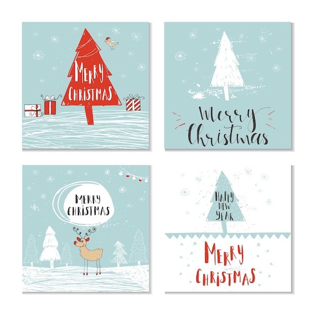 Set of 4 cute Christmas gift cards with quote Merry Christmas, merry and bright, warm wishes, magic moments. Easy editable template. Vector.