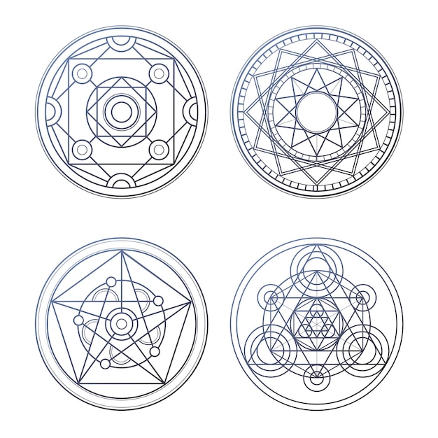 Set of 4 gray alchemy circles Magic geometric circles