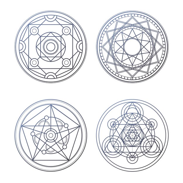 Vector set of 4 gray alchemy circles magic geometric circles