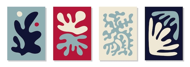 Set of 4 Matisse inspired hygge colors wall art posters Organic line abstract pattern