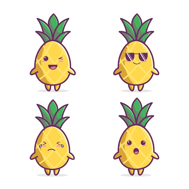 Set of 4 pineapples with different expressions