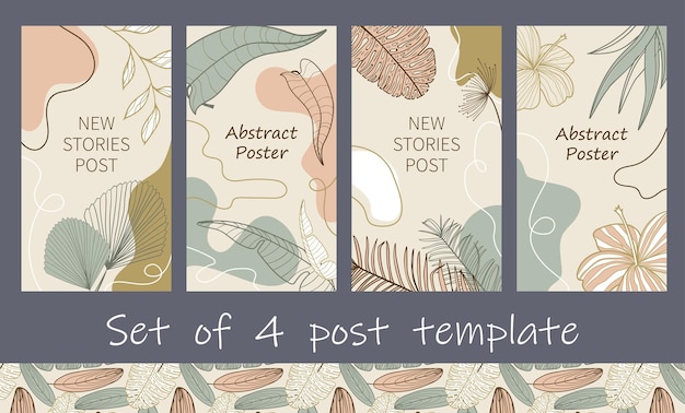 Set of 4 trendy abstract art templates with floral, exotic leaves and geometric elements.