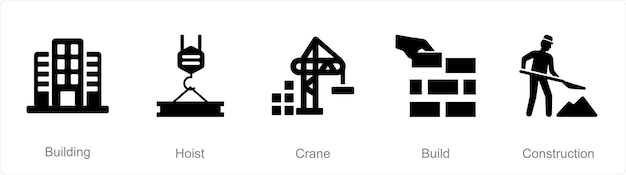 A set of 5 Build icons as building hoist crane