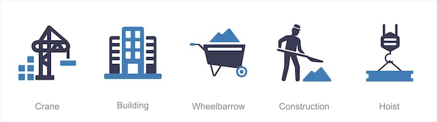 A set of 5 Build icons as crane building wheelbarrow