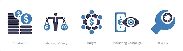 A set of 5 business icons such as Investment Balanced Money