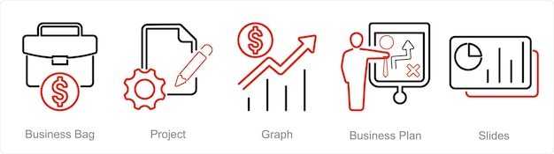 A set of 5 Business Presentation icons as business bag project graph