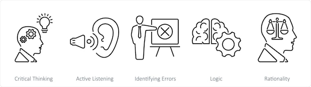 A set of 5 Critical Thinking icons as critical thinking active listening identifying errors