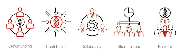 A set of 5 Crowdfunding icons as crowdfunding contribution collaborative