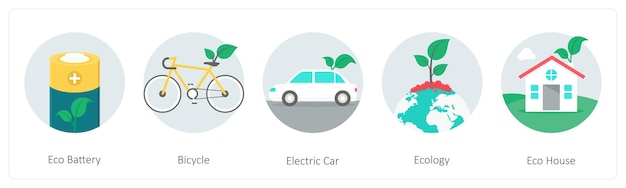 Vector a set of 5 ecology icons as eco battery bicycle electric car