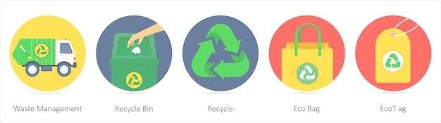 A set of 5 ecology icons as waste management recycle bin recycle