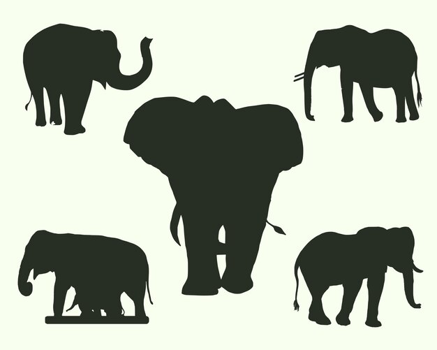 Vector set of 5 elephant silhouettes