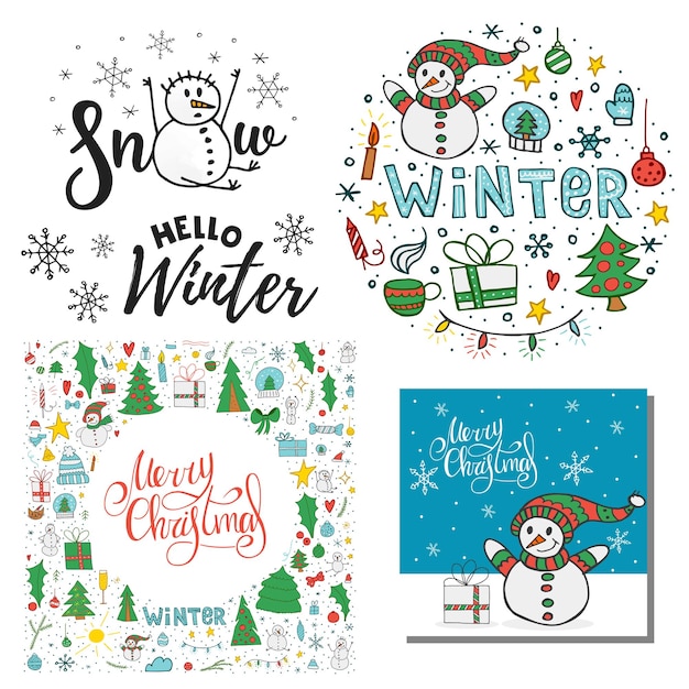 A set of 5 hand-drawn illustrations. A set of winter doodle elements with handwritten lettering. Merry Christmas and Happy New Year 2022. Hand-drawn doodle.