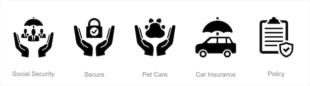 A set of 5 Insurance icons as social security secure pet care