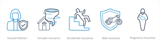 A set of 5 insurance icons such as insured women tornado insurance