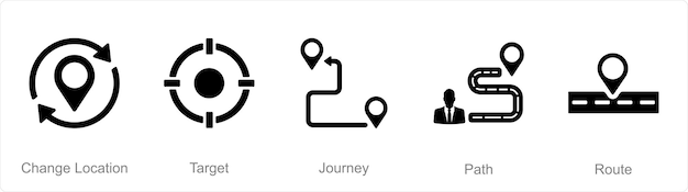 A set of 5 Location icons as change location target journey