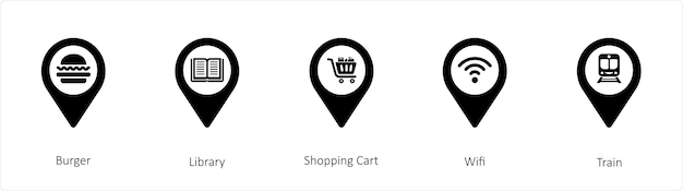 A set of 5 location icons such as Burger Library Shopping Cart