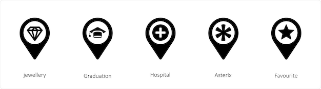 A set of 5 location icons such as jewellery Graduation Hospital