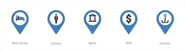 A set of 5 location icons such as Rest House Human Bank