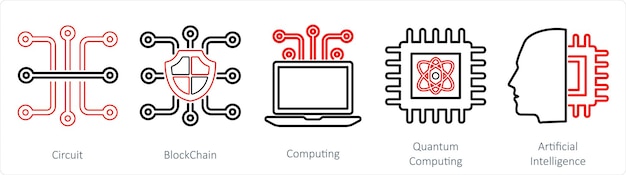 A set of 5 Mix icons as circuit blockchain computing