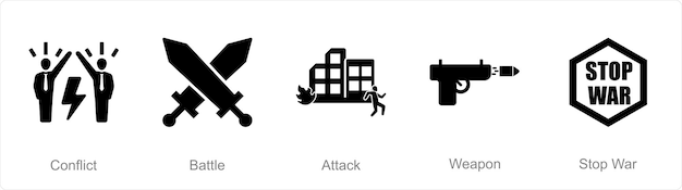 A set of 5 Mix icons as conflict battle attack