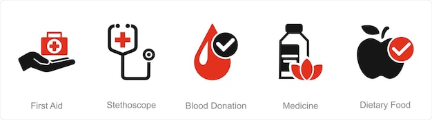 A set of 5 Mix icons as first aid stethoscope blood donation