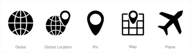 A set of 5 mix icons as globe global location pin